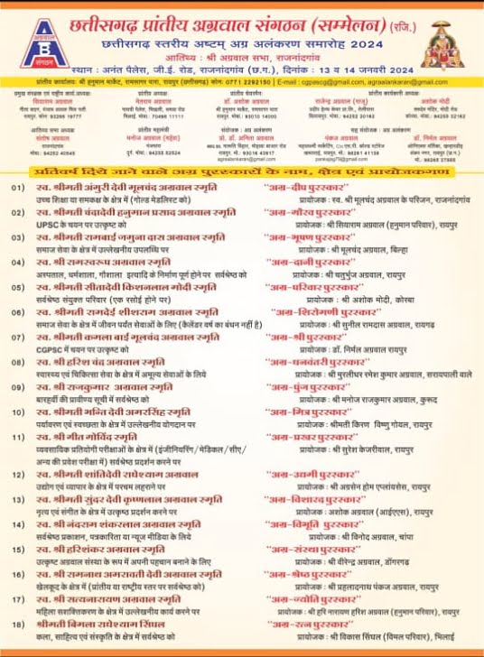 <em>अग्रवाल संगठन का आठवां अग्र अलंकरण समारोह एवं सोलहवां प्रांतीय अधिवेशन 13 एवं 14 जनवरी को राजनांदगांव में, 18 क्षेत्र में उपलब्धियां हासिल करने वाली अग्र हस्तियां होंगी सम्मानित,अग्र अलंकरण समारोह के लिए योग्य प्रतिभाओं से किया गया है आवेदन आमंत्रित</em> <em>अग्रवाल संगठन का आठवां अग्र अलंकरण समारोह एवं सोलहवां प्रांतीय अधिवेशन 13 एवं 14 जनवरी को राजनांदगांव में, 18 क्षेत्र में उपलब्धियां हासिल करने वाली अग्र हस्तियां होंगी सम्मानित,अग्र अलंकरण समारोह के लिए योग्य प्रतिभाओं से किया गया है आवेदन आमंत्रित</em> kshititech
