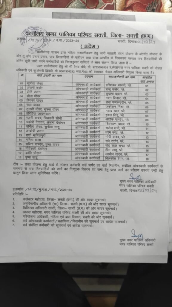 पार्षद की सक्रियता- शक्ति नगर पालिका क्षेत्र के वार्ड क्रमांक- 17 में पार्षद रीना गेवाडीन एवं पूर्व नगर पालिका अध्यक्ष नरेश गेवाडीन ने महिलाओं के भरवाये महतारी वंदन योजना के फॉर्म, रीना गेवाड़ीन ने कहा- उनके वार्ड की शत प्रतिशत पात्र महिलाओं के फार्म भरवाना ही उनकी प्राथमिकता kshititech