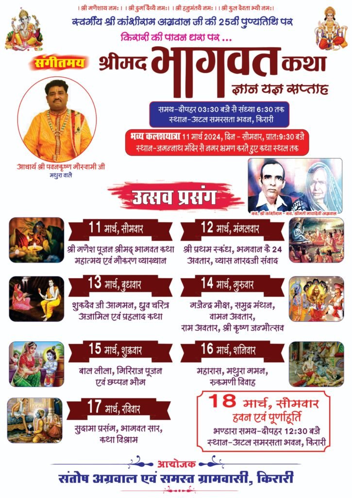 11 मार्च से स्व. काशीराम अग्रवाल की पुण्य स्मृति में किरारी में होगी श्रीमद् भागवत कथा,आचार्य पवन कृष्ण गोस्वामी कराएंगे कथा का रसपान,किरारी के पूर्व सरपंच संतोष अग्रवाल द्वारा आयोजित है कार्यक्रम, 10 मार्च को काशीराम जी की पुण्यतिथि पर किरारी में निशुल्क स्वास्थ्य शिविर, श्री अग्रोहा सेवा संघ चंद्रपुर के पूर्व अध्यक्ष भी हैं संतोष अग्रवाल किरारी वाले 11 मार्च से स्व. काशीराम अग्रवाल की पुण्य स्मृति में किरारी में होगी श्रीमद् भागवत कथा,आचार्य पवन कृष्ण गोस्वामी कराएंगे कथा का रसपान,किरारी के पूर्व सरपंच संतोष अग्रवाल द्वारा आयोजित है कार्यक्रम, 10 मार्च को काशीराम जी की पुण्यतिथि पर किरारी में निशुल्क स्वास्थ्य शिविर, श्री अग्रोहा सेवा संघ चंद्रपुर के पूर्व अध्यक्ष भी हैं संतोष अग्रवाल किरारी वाले kshititech