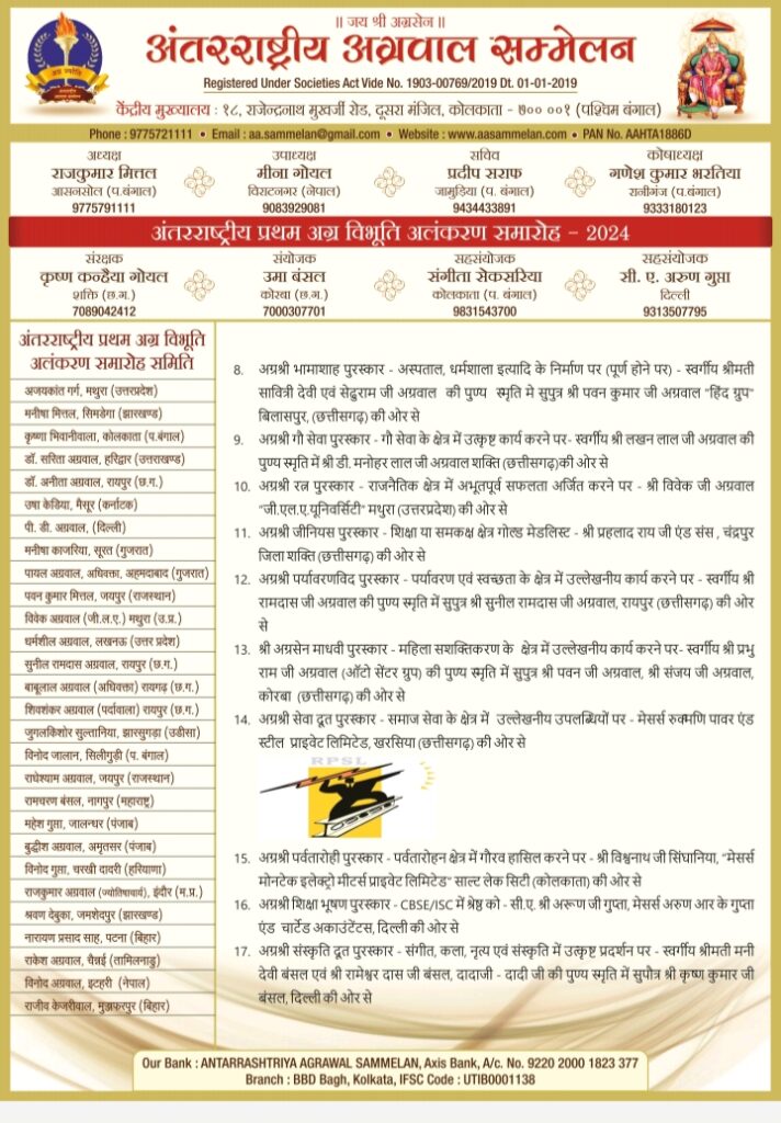 32 विभूतियों का होगा कोलकाता में सम्मान- अंतर्राष्ट्रीय अग्रवाल सम्मेलन केंद्रीय मुख्यालय कोलकाता के तत्वाधान एवं वृहत्तर कोलकाता इकाई के आतिथ्य में प्रथम अंतर्राष्ट्रीय अग्र विभूति अलंकरण समारोह - 2024-08 जून को होटल हिंदुस्तान इंटरनेशनल ( HHI ) 235/1आचार्य जगदीश चंद्र बोस रोड, कोलकाता 700020 में, देश विदेश में रहने वाली 32 हस्तियों को अलग-अलग क्षेत्र में किया जाएगा सम्मानित, पहली बार अग्रवाल समाज द्वारा पूरे देश भर में किया जा रहा ऐसा आयोजन 32 विभूतियों का होगा कोलकाता में सम्मान- अंतर्राष्ट्रीय अग्रवाल सम्मेलन केंद्रीय मुख्यालय कोलकाता के तत्वाधान एवं वृहत्तर कोलकाता इकाई के आतिथ्य में प्रथम अंतर्राष्ट्रीय अग्र विभूति अलंकरण समारोह - 2024-08 जून को होटल हिंदुस्तान इंटरनेशनल ( HHI ) 235/1आचार्य जगदीश चंद्र बोस रोड, कोलकाता 700020 में, देश विदेश में रहने वाली 32 हस्तियों को अलग-अलग क्षेत्र में किया जाएगा सम्मानित, पहली बार अग्रवाल समाज द्वारा पूरे देश भर में किया जा रहा ऐसा आयोजन kshititech
