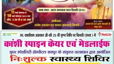 11 मार्च से स्व. काशीराम अग्रवाल की पुण्य स्मृति में किरारी में होगी श्रीमद् भागवत कथा,आचार्य पवन कृष्ण गोस्वामी कराएंगे कथा का रसपान,किरारी के पूर्व सरपंच संतोष अग्रवाल द्वारा आयोजित है कार्यक्रम, 10 मार्च को काशीराम जी की पुण्यतिथि पर किरारी में निशुल्क स्वास्थ्य शिविर, श्री अग्रोहा सेवा संघ चंद्रपुर के पूर्व अध्यक्ष भी हैं संतोष अग्रवाल किरारी वाले kshititech