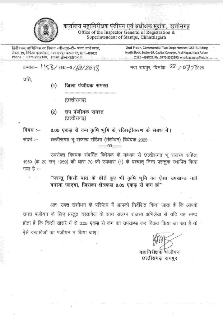 बड़ी खबर- छत्तीसगढ़ में 5 डिसमिल जमीन से कम की अब नहीं होगी रजिस्ट्री, शासन ने 22 जुलाई को जारी कर दिया आदेश बड़ी खबर- छत्तीसगढ़ में 5 डिसमिल जमीन से कम की अब नहीं होगी रजिस्ट्री, शासन ने 22 जुलाई को जारी कर दिया आदेश kshititech