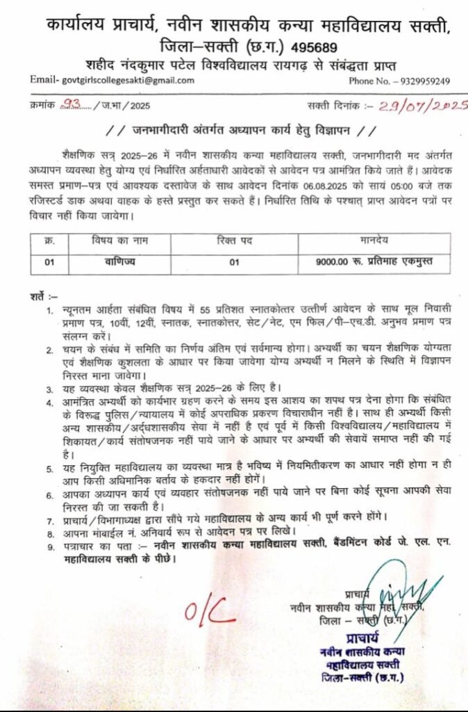 शक्ति के शासकीय नवीन कन्या महाविद्यालय में प्राध्यापकों के रिक्त पदों पर हुई भर्ती चालू, शक्ति शहर के गौरव पथ मार्ग पर स्थित है सरकारी गर्ल्स कॉलेज, आज ही करें आवेदन kshititech