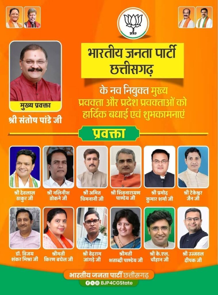 बड़ी खबर- भाजपा की छत्तीसगढ़ प्रदेश कार्यकारिणी घोषित, नेताओं को मिली संगठन में बड़ी जिम्मेदारी, मोर्चा- प्रकोष्ठों के प्रदेश अध्यक्षों की भी हुई घोषणा, पहली बार बदला- बदला नजर आएगा भाजपा संगठन का स्वरूप बड़ी खबर- भाजपा की छत्तीसगढ़ प्रदेश कार्यकारिणी घोषित, नेताओं को मिली संगठन में बड़ी जिम्मेदारी, मोर्चा- प्रकोष्ठों के प्रदेश अध्यक्षों की भी हुई घोषणा, पहली बार बदला- बदला नजर आएगा भाजपा संगठन का स्वरूप kshititech