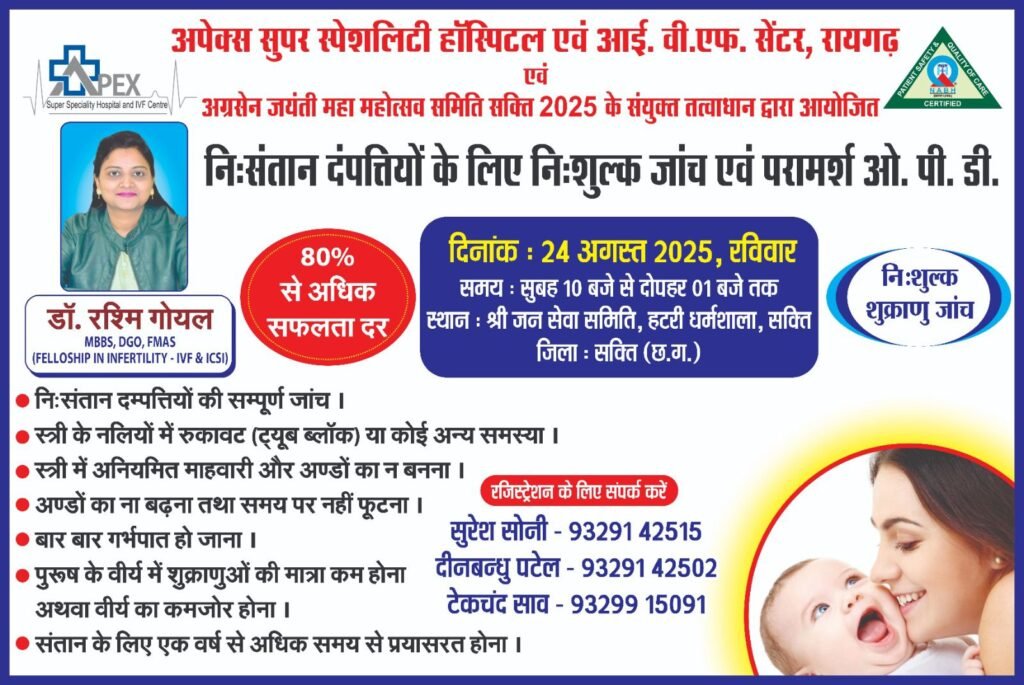 निःसंतान दंपतियों के लिए जांच का सबसे बड़ा शिविर- शक्ति शहर में 24 अगस्त को अपेक्स सुपर स्पेशलिटी हॉस्पिटल रायगढ़ द्वारा लगाया जाएगा निःसंतान दंपतियों के लिए निशुल्क जांच शिविर, प्रसिद्ध चिकित्सक डॉ रश्मि गोयल की मिलेगी चिकित्सा परामर्श सेवाएं,असुविधाओं से बचने करवाये अग्रिम निशुल्क पंजीयन निःसंतान दंपतियों के लिए जांच का सबसे बड़ा शिविर- शक्ति शहर में 24 अगस्त को अपेक्स सुपर स्पेशलिटी हॉस्पिटल रायगढ़ द्वारा लगाया जाएगा निःसंतान दंपतियों के लिए निशुल्क जांच शिविर, प्रसिद्ध चिकित्सक डॉ रश्मि गोयल की मिलेगी चिकित्सा परामर्श सेवाएं,असुविधाओं से बचने करवाये अग्रिम निशुल्क पंजीयन kshititech
