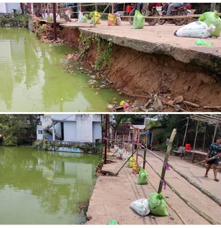 धन्यवाद अध्यक्ष जी- पानी से लबालब भरे शक्ति के दर्री तालाब की के टूटे हुए बड़े हिस्से को नगर पालिका ने किया अस्थाई बेरीकेटिंग,नवरात्रि पर्व को लेकर प्रशासन ने की पहल, नवरात्रि की भीड़ को देखते हुए थोड़ी मजबूत सुरक्षा की और है जरूरत kshititech