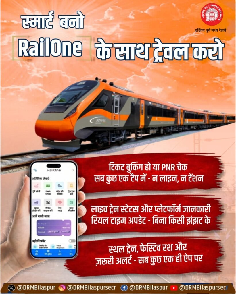 बिलासपुर रेल मंडल में लगातार रेल यात्री सुविधा में हो रही वृद्धि. रेल प्रबंधन ने कहा- यात्रा के दौरान डिब्बों में मोबाइल पर वीडियो चलाने से बचे. स्टेशनों में वाईफाई की सुविधा हो रही उपलब्ध।करें मोबाइल पर ऐप लॉगिन. पूरे देश में सर्वाधिक रेल यात्री सुविधाओं में अग्रणी है बिलासपुर मंडल kshititech