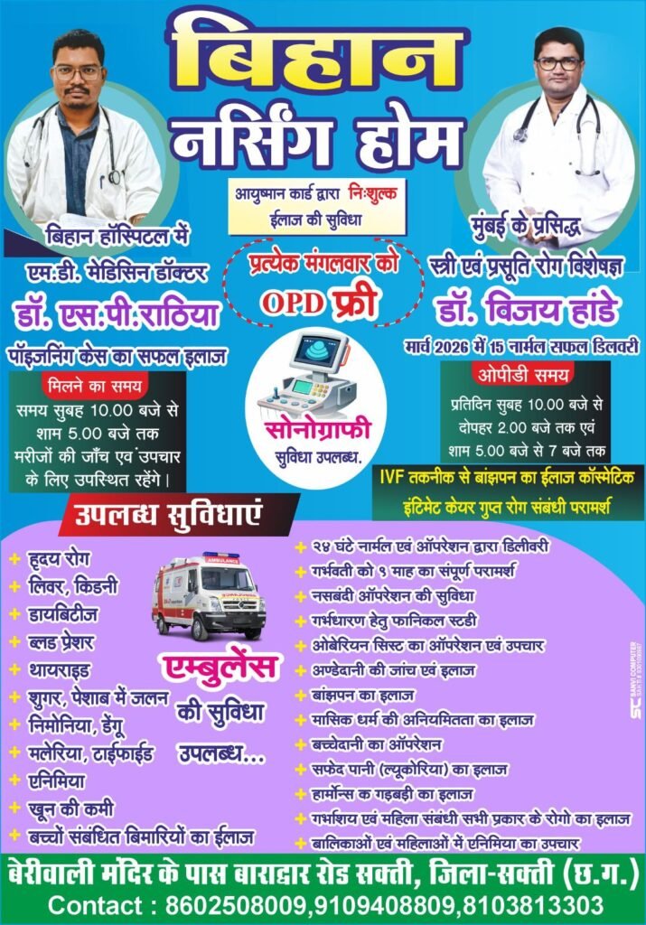 शक्ति के बिहान नर्सिंग होम में महिलाओं की हो रही सफल नॉर्मल डिलीवरी. मार्च महीने में ही 15 प्रसूता महिलाओं ने करवाई डिलीवरी मंगलवार को ओपीडी में फ्री चिकित्सा परामर्श मिल रहा मरीजों को. क्षेत्र का सबसे बड़ा विश्वसनीय चिकित्सा संस्थान है बिहान नर्सिंग होम. सोनोग्राफी.एंबुलेंस सहित चिकित्सा की तमाम सुविधाएं हैं उपलब्ध kshititech