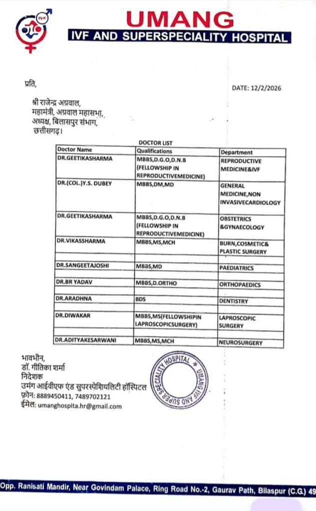 अग्रवाल समाज के लोगों को उमंग आईवीएफ और मल्टी स्पेशलिटी हॉस्पिटल में इलाज पर मिलेगा 20% की छूट का लाभ संभागीय अग्रवाल महासभा बिलासपुर ने किया अनुबंध अग्रवाल समाज के लोगों को उमंग आईवीएफ और मल्टी स्पेशलिटी हॉस्पिटल में इलाज पर मिलेगा 20% की छूट का लाभ संभागीय अग्रवाल महासभा बिलासपुर ने किया अनुबंध kshititech