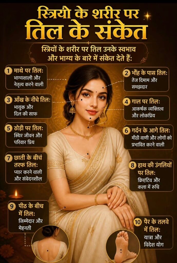 स्त्रियों के शरीर पर तिल सिर्फ निशान नहीं. अपितु व्यक्तित्व और भाग्य का भी होता है बड़ा संकेत. जानिए कौन से तिल का क्या है महत्व kshititech
