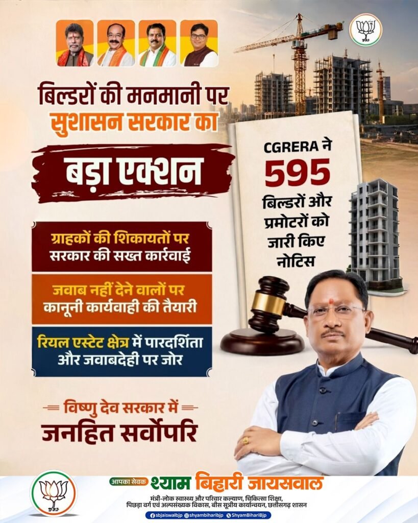 मनमानी पर छत्तीसगढ़ के 595 प्रमोटर्स और बिल्डरों को सरकार ने जारी किया नोटिस. जवाब नहीं मिलने पर होगी कड़ी कार्रवाई. कैबिनेट मंत्री श्याम बिहारी जायसवाल ने दी जानकारी मनमानी पर छत्तीसगढ़ के 595 प्रमोटर्स और बिल्डरों को सरकार ने जारी किया नोटिस. जवाब नहीं मिलने पर होगी कड़ी कार्रवाई. कैबिनेट मंत्री श्याम बिहारी जायसवाल ने दी जानकारी kshititech