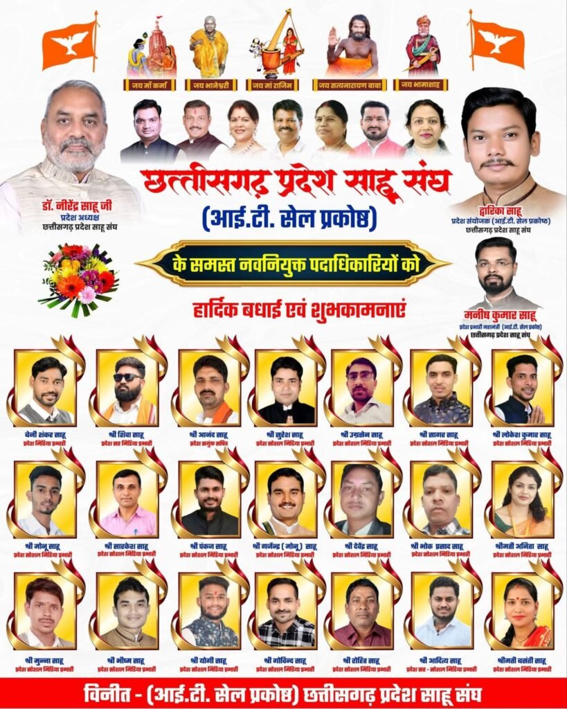 डिजिटल तरीके से छत्तीसगढ़ प्रदेश में साहू समाज के संगठन को मजबूत बनाने 114 सदस्यों की आईटी सेल कार्यकारिणी का हुआ गठन.प्रदेश अध्यक्ष डॉ नीरेंद्र साहू की स्वीकृति से आईटी सेल संयोजक द्वारिका साहू ने करी घोषणा डिजिटल तरीके से छत्तीसगढ़ प्रदेश में साहू समाज के संगठन को मजबूत बनाने 114 सदस्यों की आईटी सेल कार्यकारिणी का हुआ गठन.प्रदेश अध्यक्ष डॉ नीरेंद्र साहू की स्वीकृति से आईटी सेल संयोजक द्वारिका साहू ने करी घोषणा kshititech