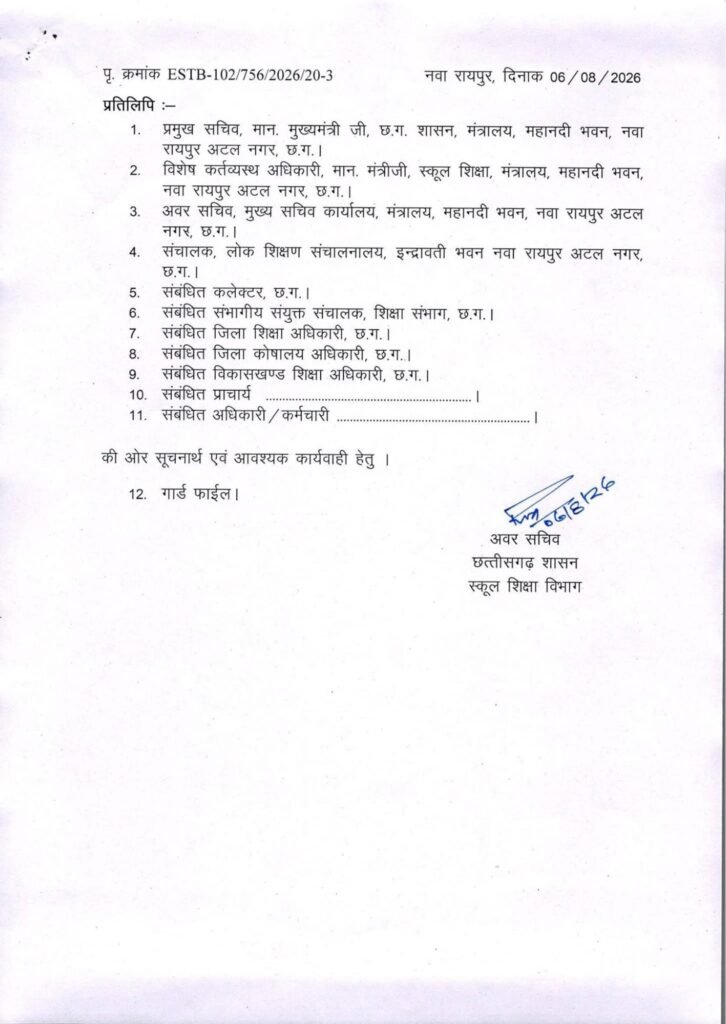 छत्तीसगढ़ में ट्रांसफर की सबसे बड़ी सूची हुई यारी- स्कूल शिक्षा विभाग के 700 शिक्षकों का एक झटके में हुआ तबादला. 1700 शिक्षकों की ट्रांसफर की बनाई गई थी सूची- सूत्र kshititech