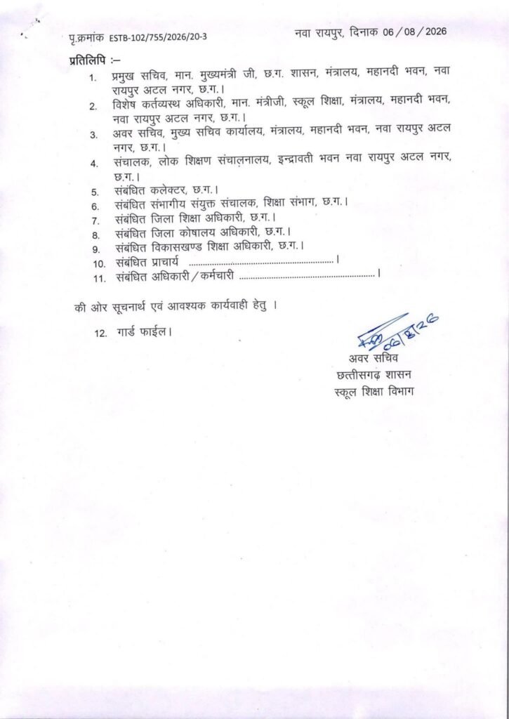 छत्तीसगढ़ में ट्रांसफर की सबसे बड़ी सूची हुई यारी- स्कूल शिक्षा विभाग के 700 शिक्षकों का एक झटके में हुआ तबादला. 1700 शिक्षकों की ट्रांसफर की बनाई गई थी सूची- सूत्र kshititech