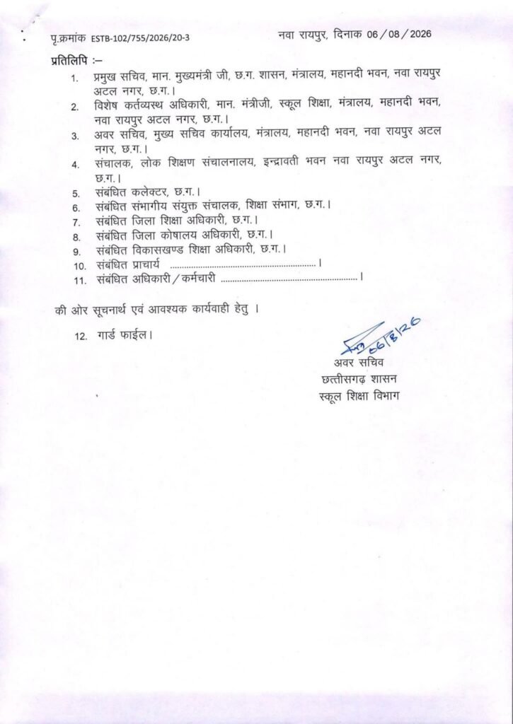 छत्तीसगढ़ में ट्रांसफर की सबसे बड़ी सूची हुई यारी- स्कूल शिक्षा विभाग के 700 शिक्षकों का एक झटके में हुआ तबादला. 1700 शिक्षकों की ट्रांसफर की बनाई गई थी सूची- सूत्र kshititech
