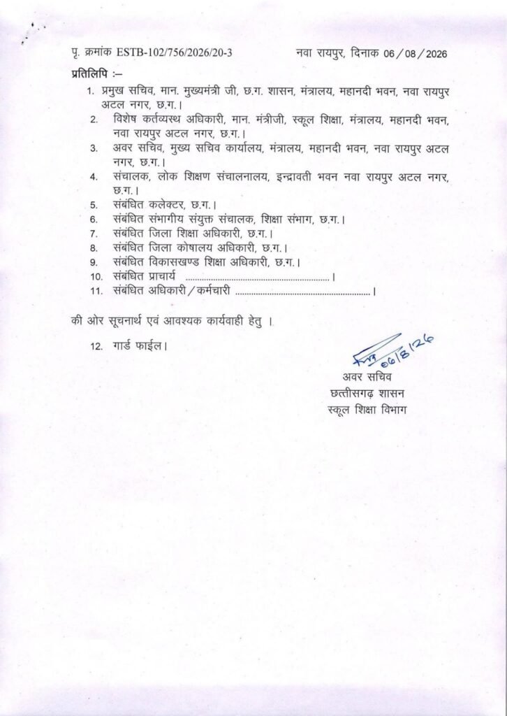 छत्तीसगढ़ में ट्रांसफर की सबसे बड़ी सूची हुई यारी- स्कूल शिक्षा विभाग के 700 शिक्षकों का एक झटके में हुआ तबादला. 1700 शिक्षकों की ट्रांसफर की बनाई गई थी सूची- सूत्र kshititech