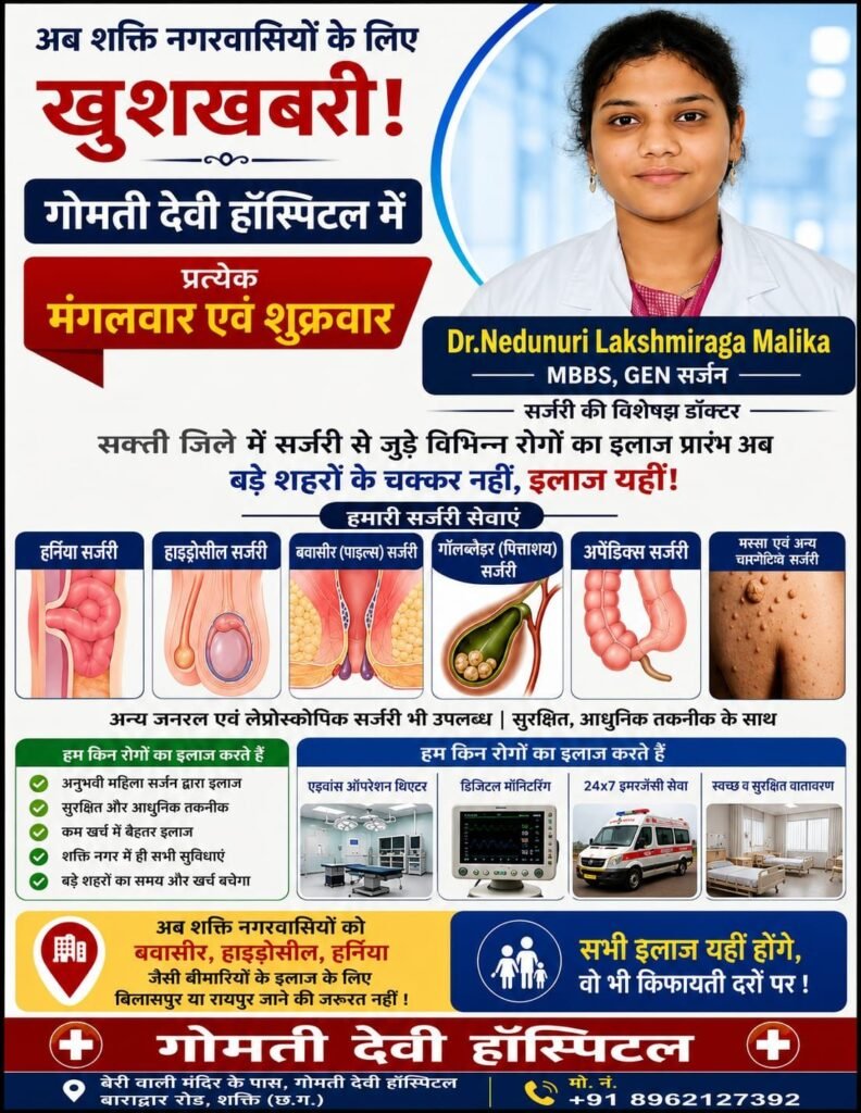 शक्ति शहर में अब मिलेगी सर्जरी की सुविधाए-शक्ति के गोमती देवी हॉस्पिटल में अब मिलेगी सप्ताह में दो दिन प्रसिद्ध महिला सर्जन की चिकित्सा सेवाए. 24 घंटे आपातकालीन चिकित्सा सेवाएं भी उपलब्ध है गोमती देवी हॉस्पिटल में kshititech