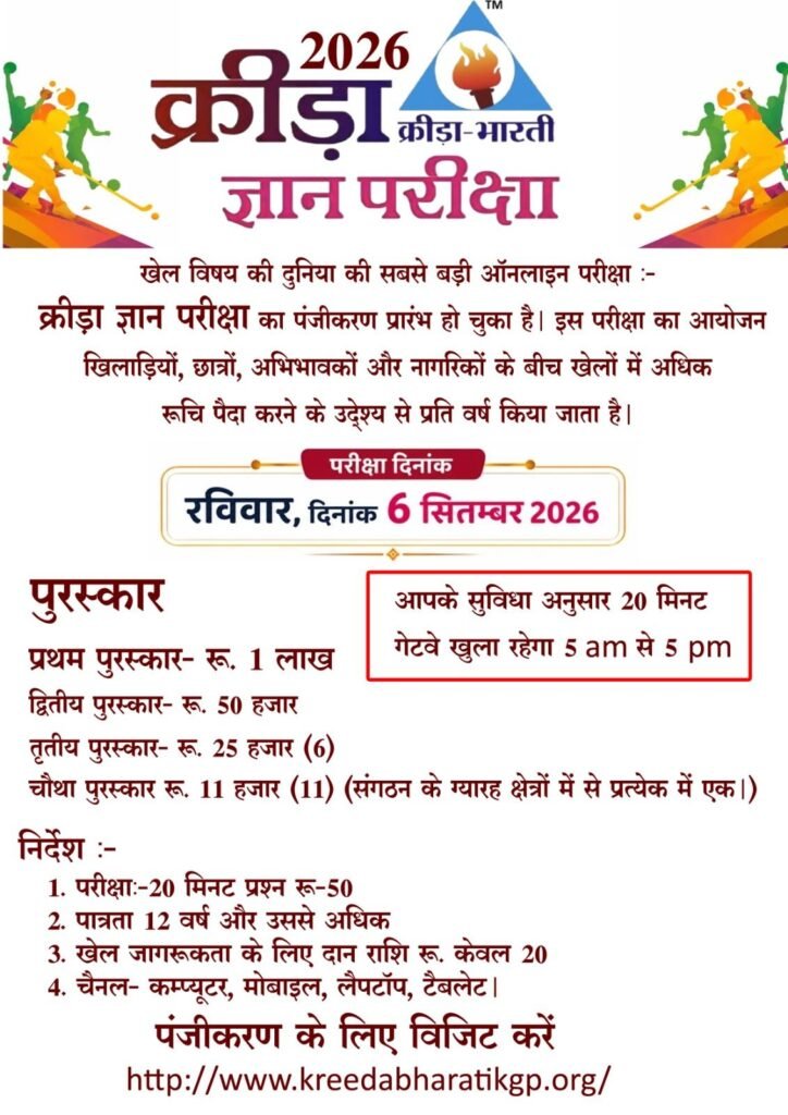6 सितंबर को होगी क्रीड़ा भारती द्वारा ज्ञान परीक्षा. प्रथम विजेता को मिलेगा ₹1 लाख रुपए का इनाम.न्यूनतम 12 वर्ष से ऊपर के विद्यार्थी हो सकते हैं इस परीक्षा में शामिल. अपना अग्रिम पंजीयन करवा कर घर बैठे ही देना होगा परीक्षा.₹20 रुपए निर्धारित किया गया है पंजीयन शुल्क 6 सितंबर को होगी क्रीड़ा भारती द्वारा ज्ञान परीक्षा. प्रथम विजेता को मिलेगा ₹1 लाख रुपए का इनाम.न्यूनतम 12 वर्ष से ऊपर के विद्यार्थी हो सकते हैं इस परीक्षा में शामिल. अपना अग्रिम पंजीयन करवा कर घर बैठे ही देना होगा परीक्षा.₹20 रुपए निर्धारित किया गया है पंजीयन शुल्क kshititech