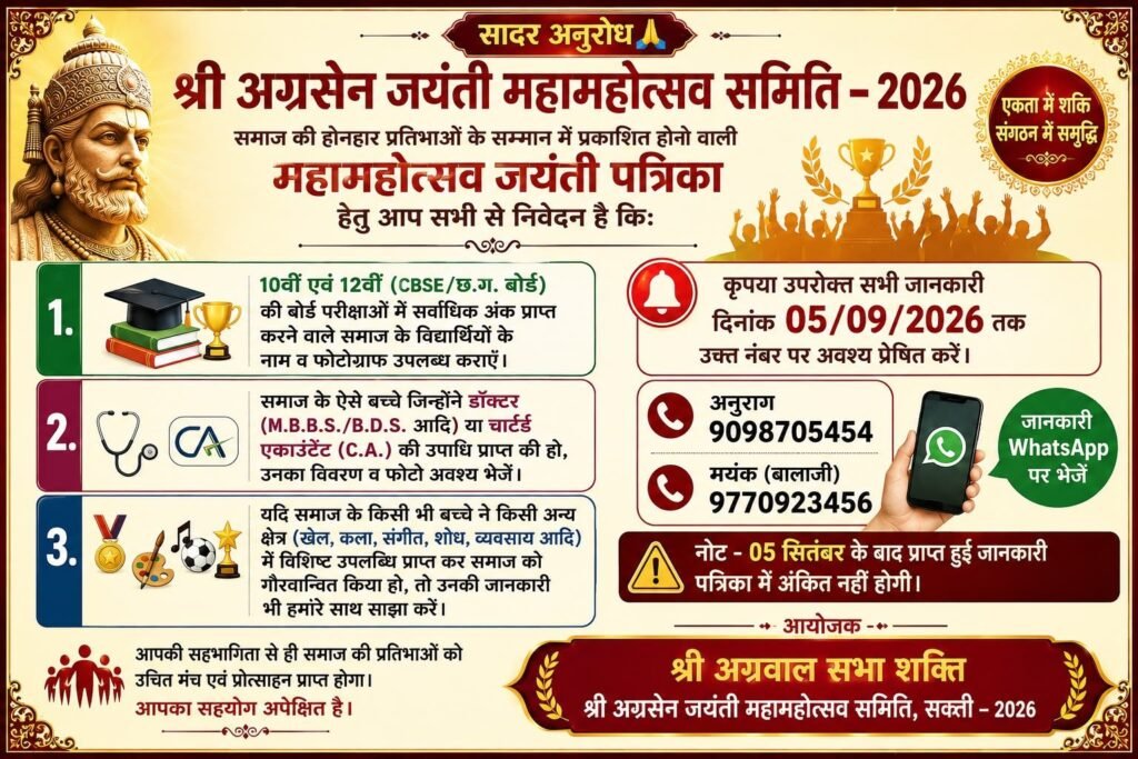 शक्ति में अग्रसेन जयंती महोत्सव की तैयारी चल रही जोरो से. जयंती महोत्सव की प्रकाशित की जाएगी सुंदर स्मारिका।समाज के मेधावी बच्चों की जानकारी प्रकाशित होगी महा महोत्सव की स्मारिका में. अग्रवाल सभा अध्यक्ष श्यामसुंदर अग्रवाल के मार्गदर्शन में जयंती समिति अध्यक्ष विक्कू दुल्हन एवं पूरी टीम जुटी है जोरों से. 5 सितंबर तक समिति ने मंगाई जानकारियां kshititech