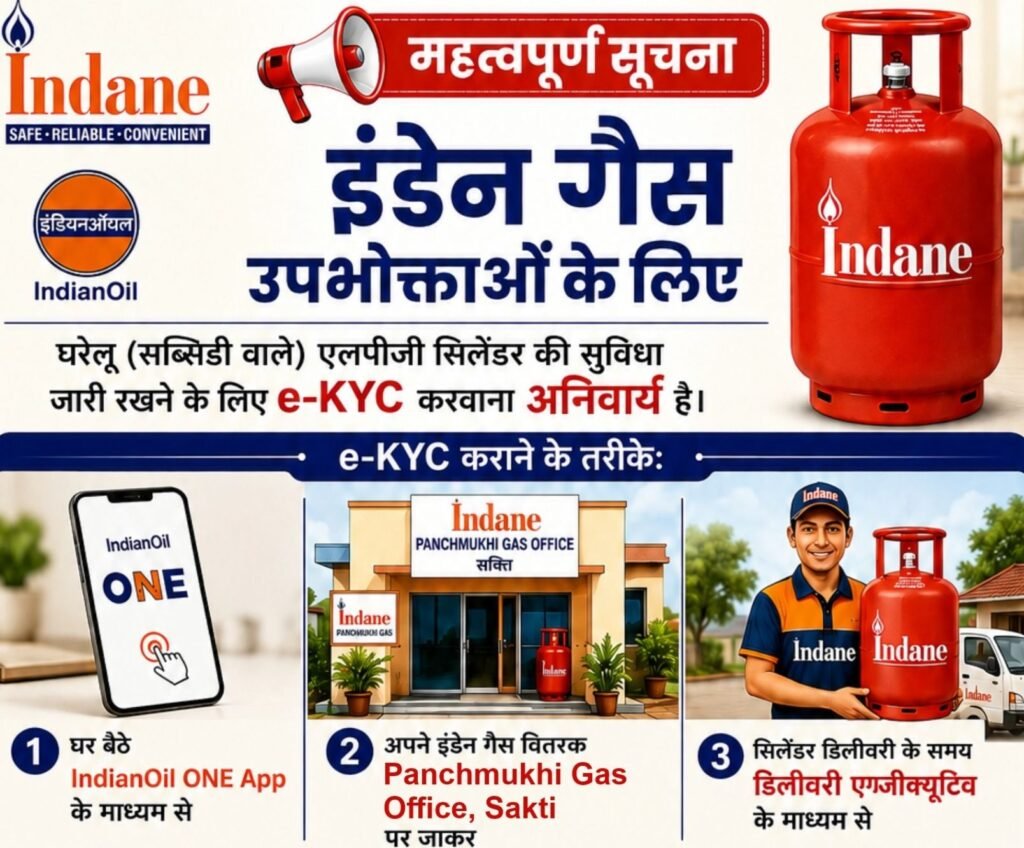 शक्ति में इंडेन गैस के एलपीजी उपभोक्ताओं को करवाना होगा ई केवाईसी. अन्यथा बंद हो सकता है सब्सिडी वाला घरेलू गैस सिलेंडर. शक्ति क्षेत्र के अधिकृत वितरक पंचमुखी इंडेन गैस ने करी सभी उपभोक्ताओं से अपील kshititech