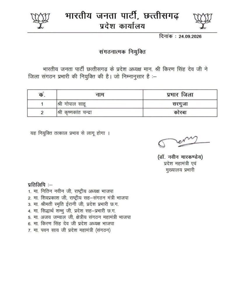कृष्णकांत चंद्रा होंगे कोरबा जिला भाजपा के नए संगठन प्रभारी- प्रदेश भाजपा अध्यक्ष की सहमति से 24 सितंबर को हुई नई नियुक्ति. भाजपा संगठन में अनुभवी नेता के रूप में है कृष्णकांत की पहचान kshititech