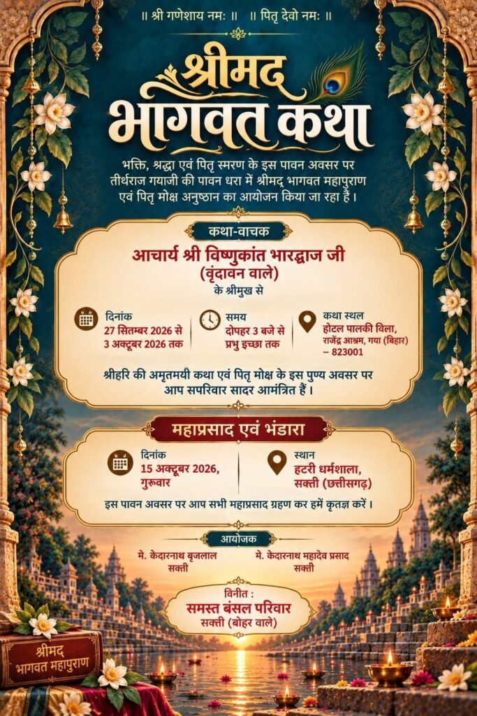 शक्ति के प्रतिष्ठित बंसल परिवार बोहर वाले की 27 सितंबर से प्रारंभ हुई पितृ मोक्ष गया श्रद्धा अंतर्गत श्रीमद् भागवत कथा. विद्वान पंडित विष्णुकांत भारद्वाज जी महाराज करवा रहे हैं कथा का रसपान. गया जी के पालकी होटल राजेंद्र आश्रम के सभागार में चल रही है कथा शक्ति के प्रतिष्ठित बंसल परिवार बोहर वाले की 27 सितंबर से प्रारंभ हुई पितृ मोक्ष गया श्रद्धा अंतर्गत श्रीमद् भागवत कथा. विद्वान पंडित विष्णुकांत भारद्वाज जी महाराज करवा रहे हैं कथा का रसपान. गया जी के पालकी होटल राजेंद्र आश्रम के सभागार में चल रही है कथा kshititech