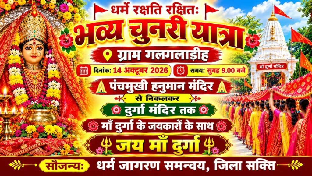शक्ति जिले में भी तीन स्थानों पर धर्म जागरण समन्वय द्वारा निकाली जाएगी नवरात्रि के मौके पर चुनरी यात्रा. अंजू गबेल ने दी जानकारी. यात्रा को लेकर चल रहा व्यापक रूप से प्रचार प्रसार. 14 से 17 अक्टूबर तक विशेष आयोजन kshititech